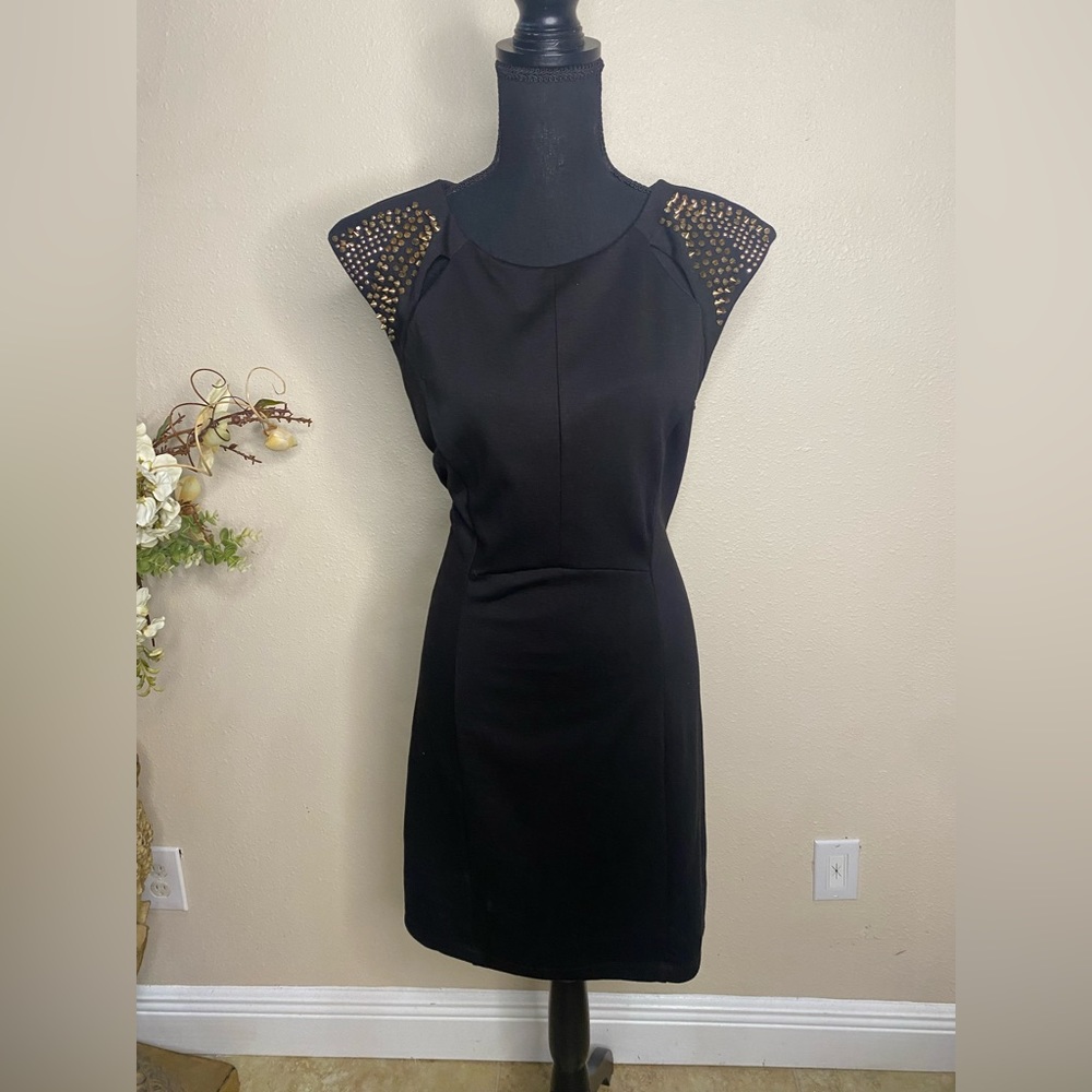 Allen B Black Sheath Dress with Gold Spiked Accents on shoulders size L